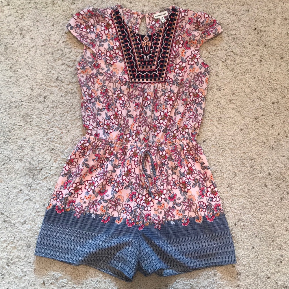 Girls pink and navy floral romper